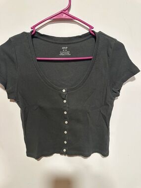 aerie Ribbed Button-Front Crop Top in Charcoal Gray